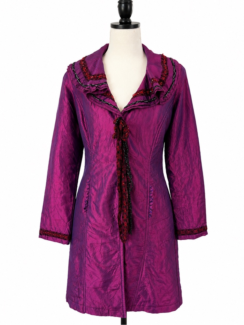 Asian Inspired Plum Iridescent Beaded Coat Jacket Quilted Lined Size 9
